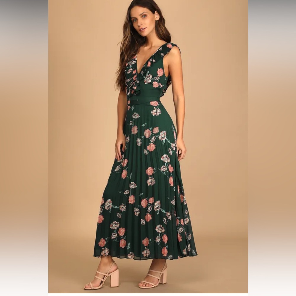 Loved By You Dark Green Floral Print Pleated Chiffon Maxi Dress